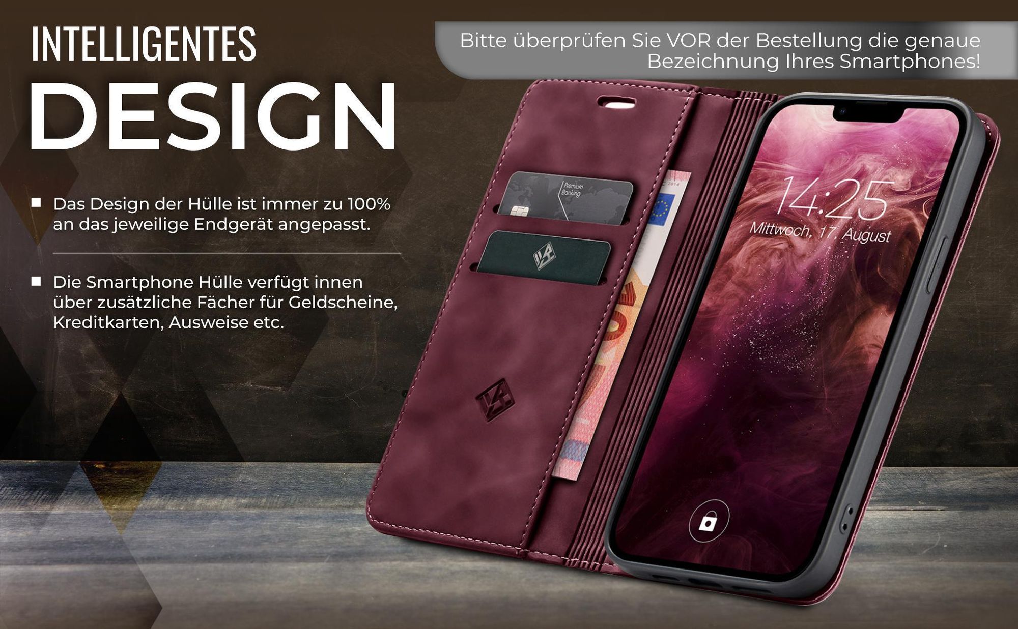 Edle Schutzhülle in Weinrot für Apple iPhone 17e mit Kartenfächern und Geldfach