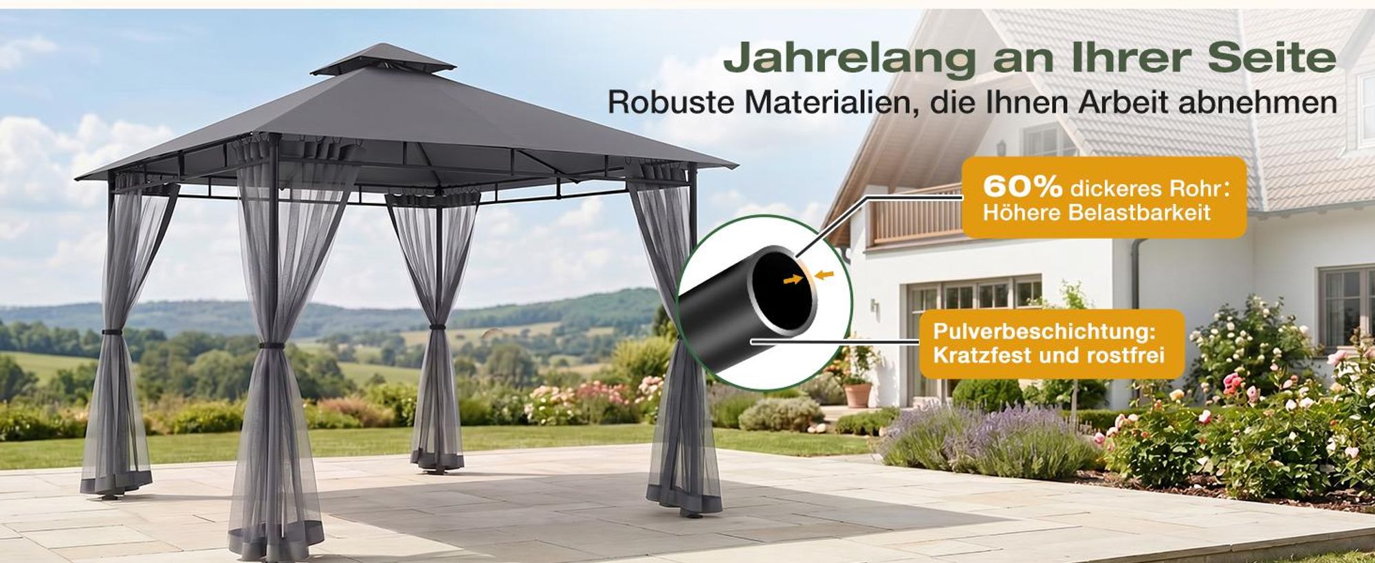Sekey Pavillon 3×3 m Gartenpavillon Wasserdicht Doppeldach Gartenzelt mit Moskitonetz UV50+ Partyzelt Festzelt