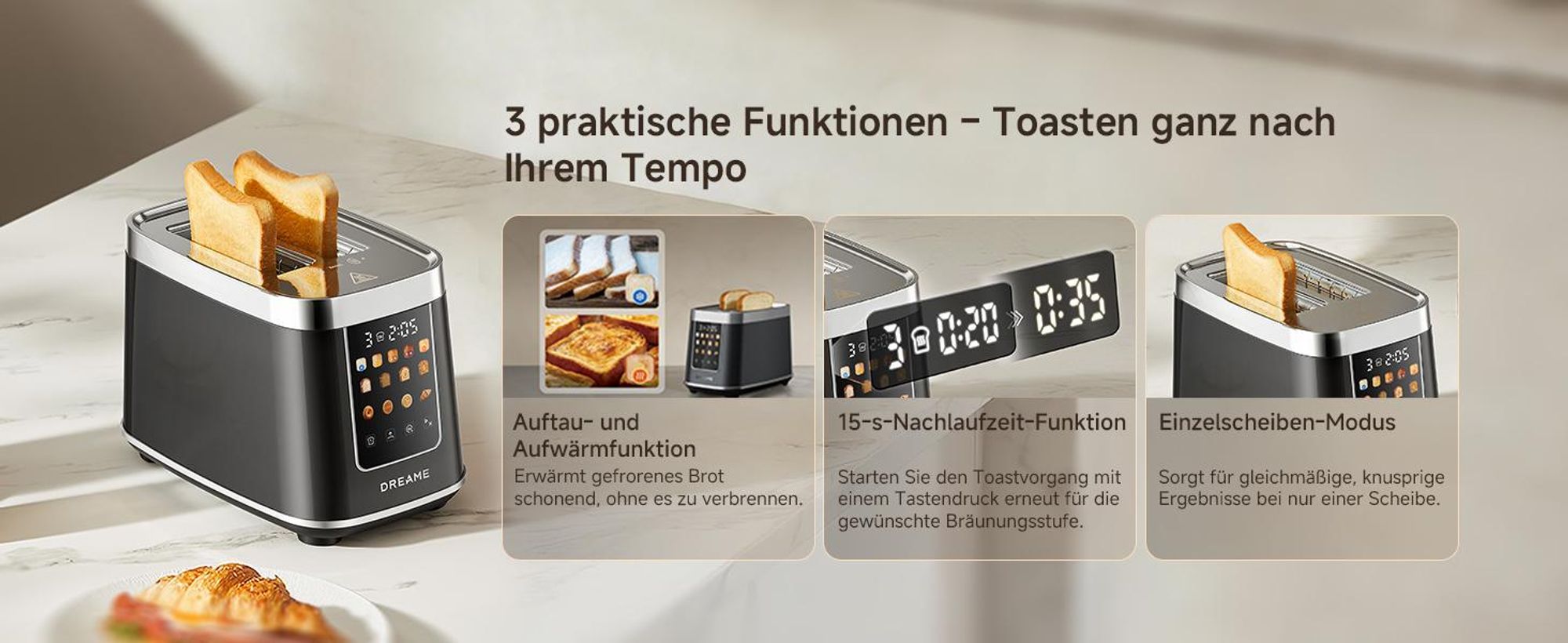 Dreame Smart Toaster 2 Scheiben,5,3-Zoll-IMD-Touchscreen,Motorisiertes Auto-Lift-Design,8 Brotprogramme&6 Bräunungsstufen,3 praktische Funktionen
