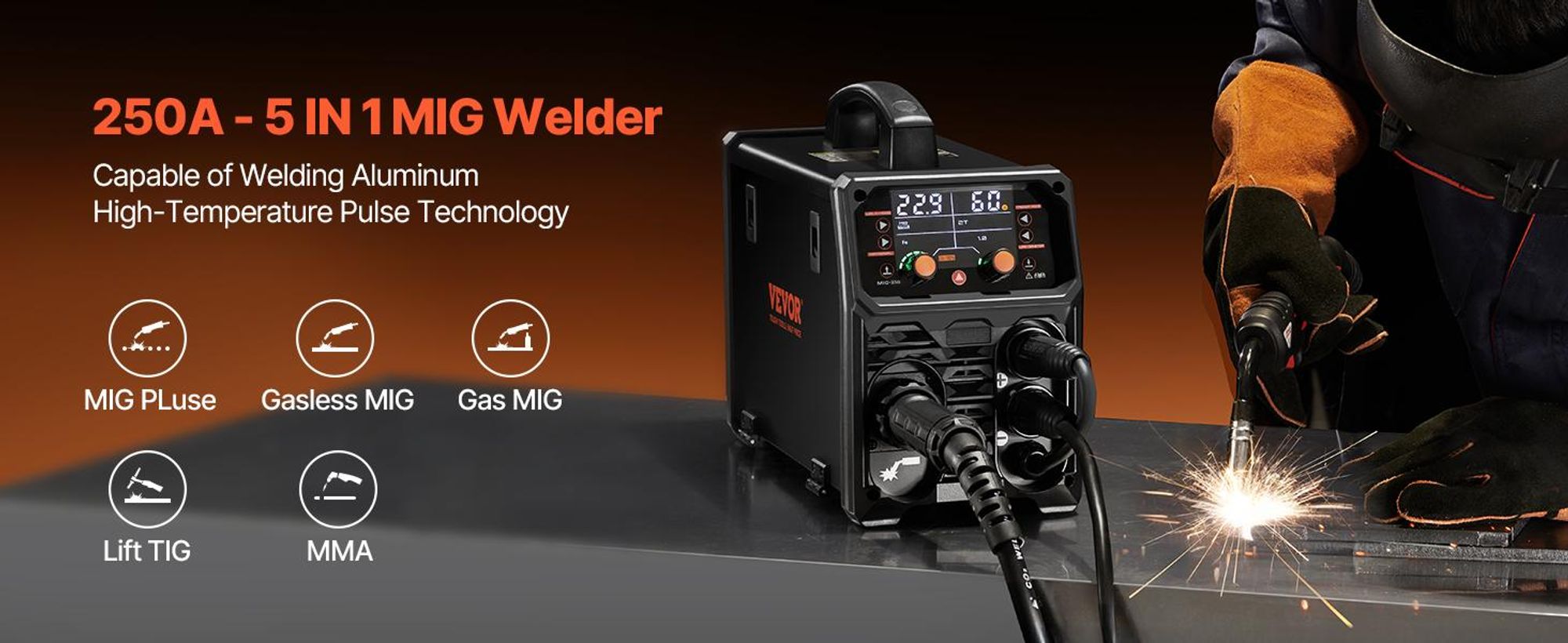 VEVOR MIG-Schweißgerät, 130Amp synergisches MIG-Schweißgerät, gasloser Fülldraht-Schweißmaschine, tragbares MIG-Schweißgerät mit IGBT-Invertertechnologie und digitalem Display, 5 in 1-a, 250A