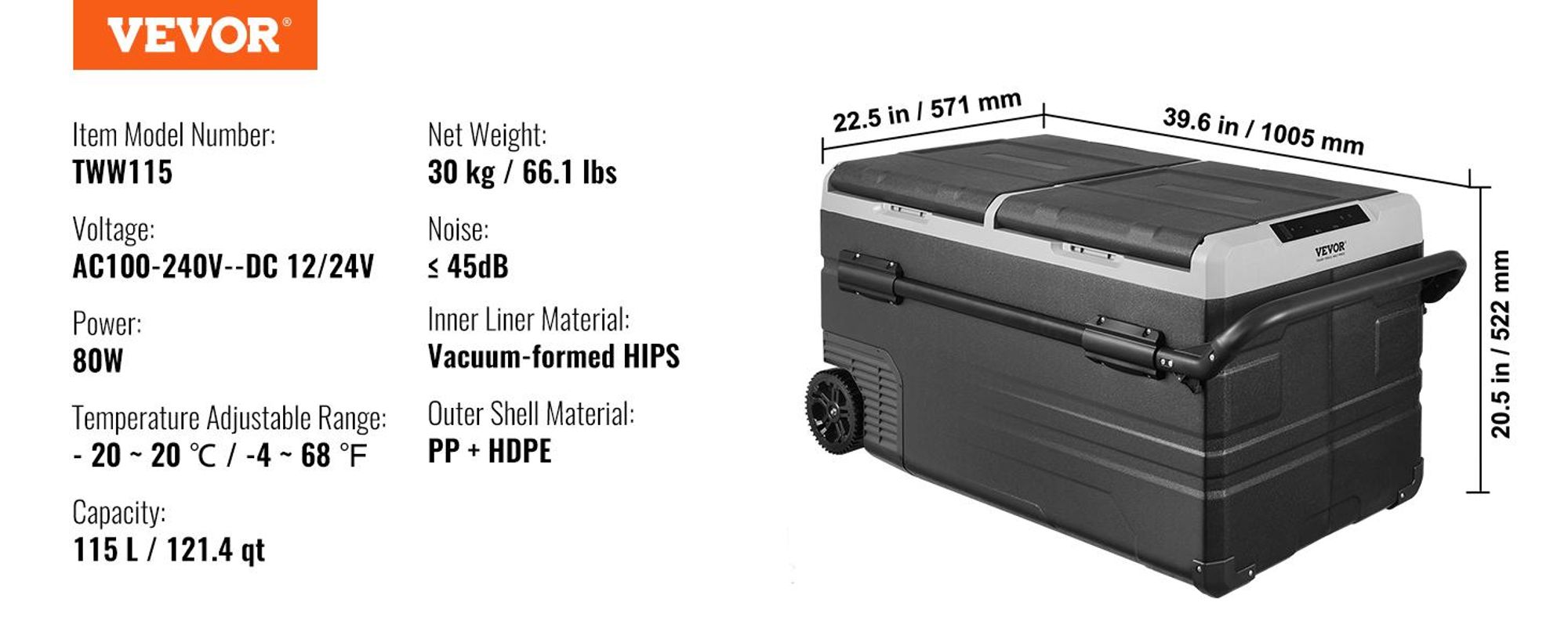 VEVOR 12 V Autokühlschrank, tragbarer 115 L Gefrierschrank mit 2 Zonen und Rädern & Griff, -20 °C bis 20 °C, 12/24 V DC / 100–240 V AC-Kompressorkühler für den Außenbereich, Camping, Reisen