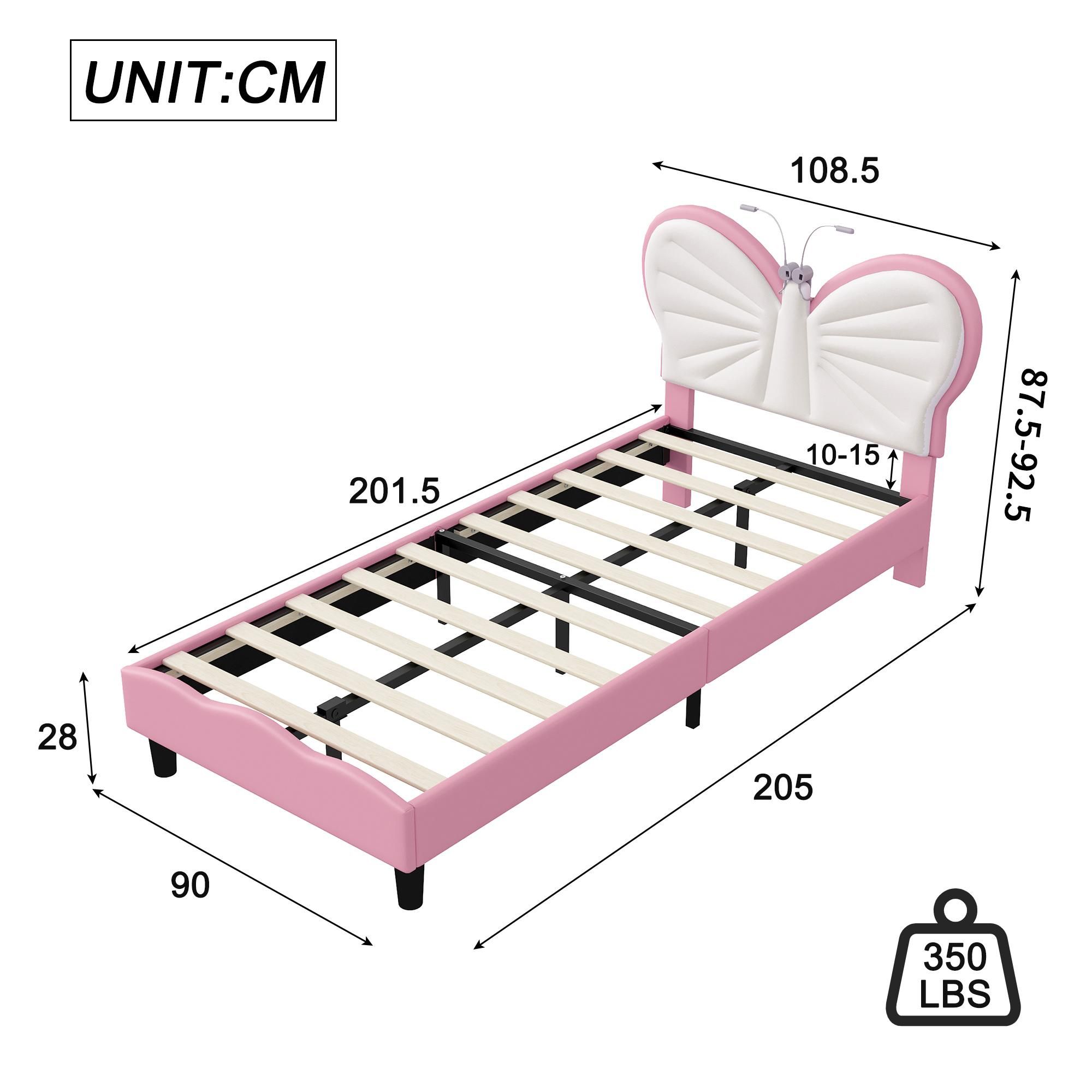 Kinderbett Polsterbett 90x200cm, Einzelbett Bettgestell mit LED-Leselampe, verstellbarem Kopfteil, Jugendbett für Jungen & Mädchen, Samt, ohne Matratze, Rosa
