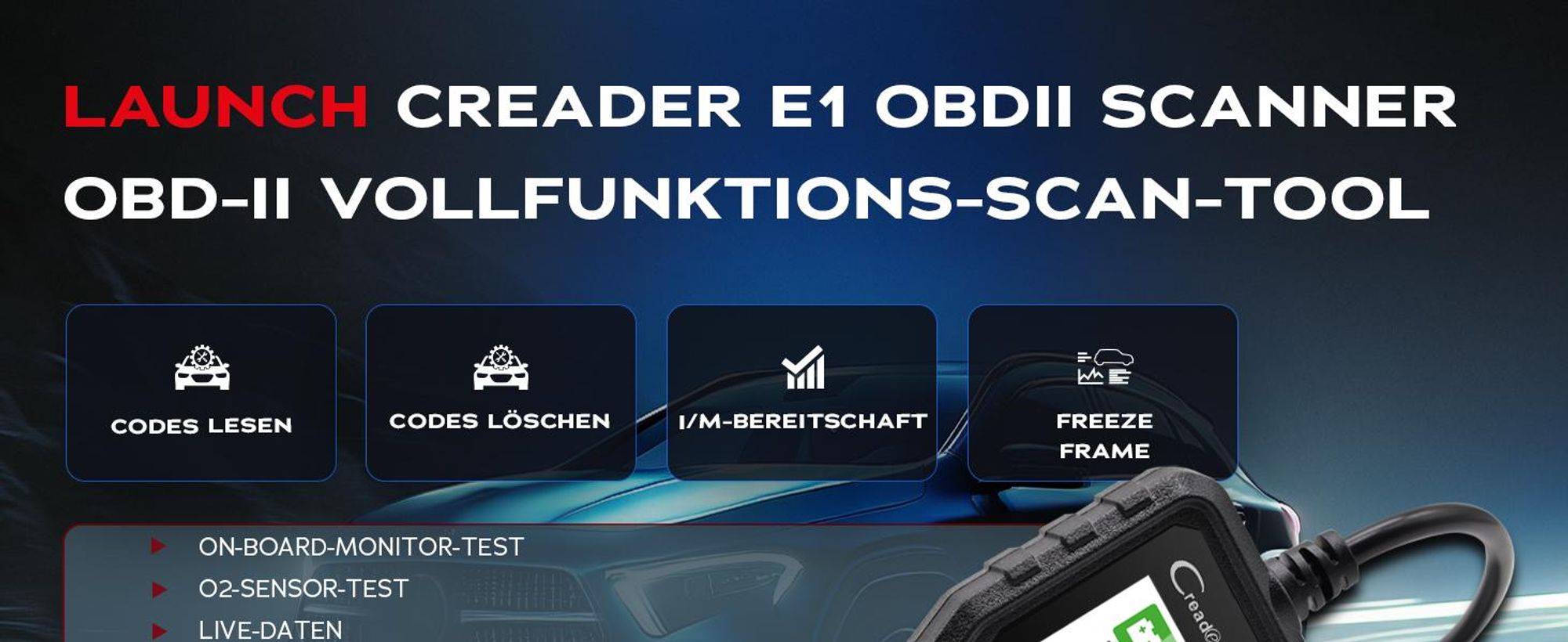LAUNCH Creader E1 OBD2 Diagnosegerät Auto,Fehlerauslesegerät für Motor & Abgas,liest & löscht Fehlercodes, zeigt Live-Daten & I/M-Bereitschaft