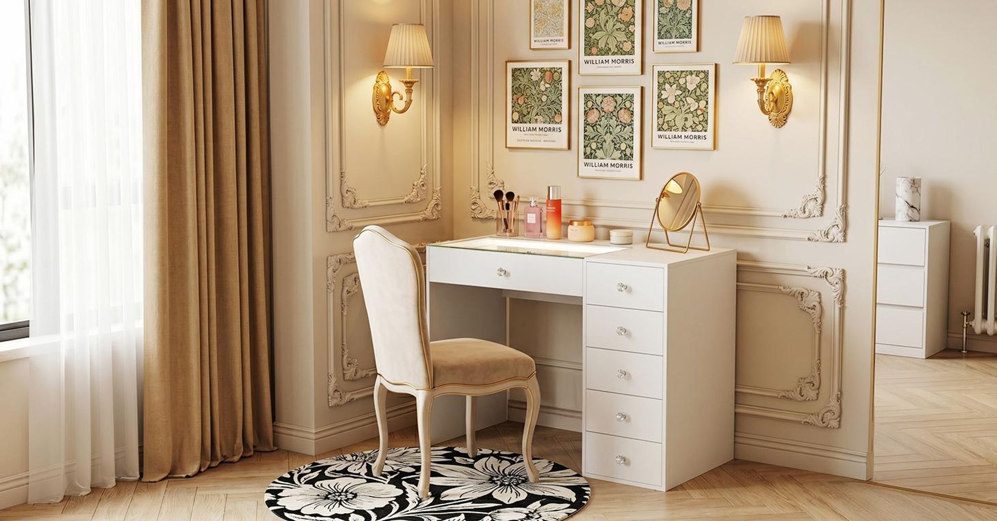 Tavolino da trucco VANITII con illuminazione LED, 6 cassetti, bianco, 92 x 55 x 81 cm