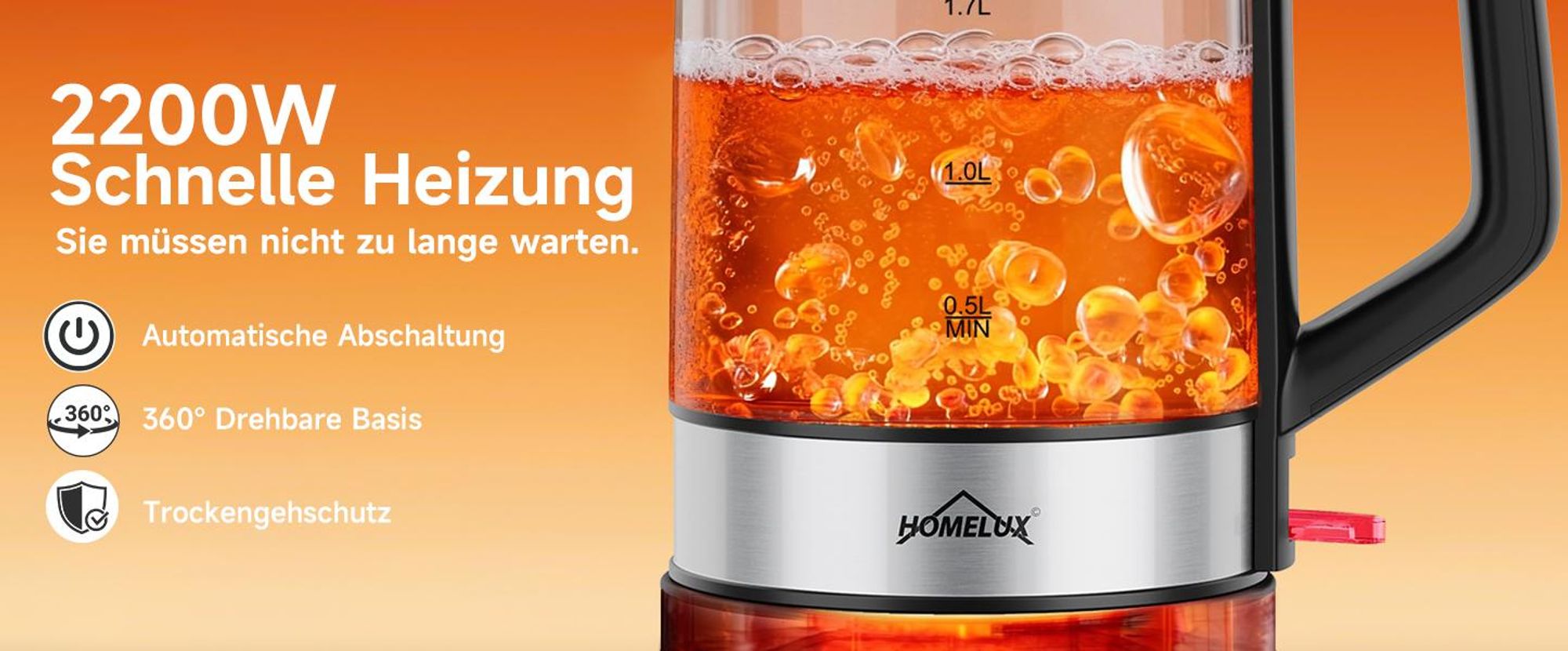 Wasserkocher Glas, 1.7 Wasserkocher Glas Mit Temperatureinstellung, 2200 Watt Kettle Durchsichtig Mit 360° Basis,Led-Beleuchtung