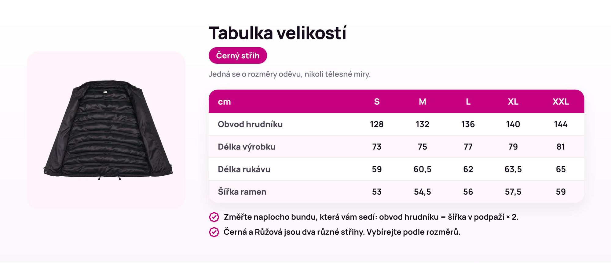 Tabulka velikostí Balicí bundy Ryanwear: obvod hrudníku, délka, rukáv a šířka ramen v cm
