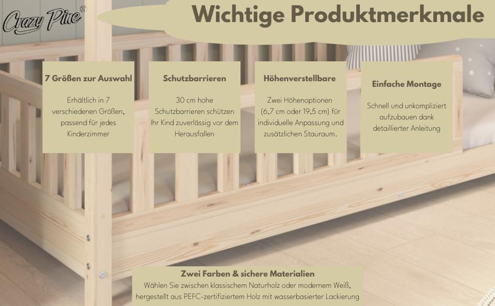 Crazy Pine Hausbett 120x200 cm – Kinderbett aus Naturholz – Bodenbett mit Höhenverstellbaren Beinen und Abnehmbarer Barriere - Crazy House