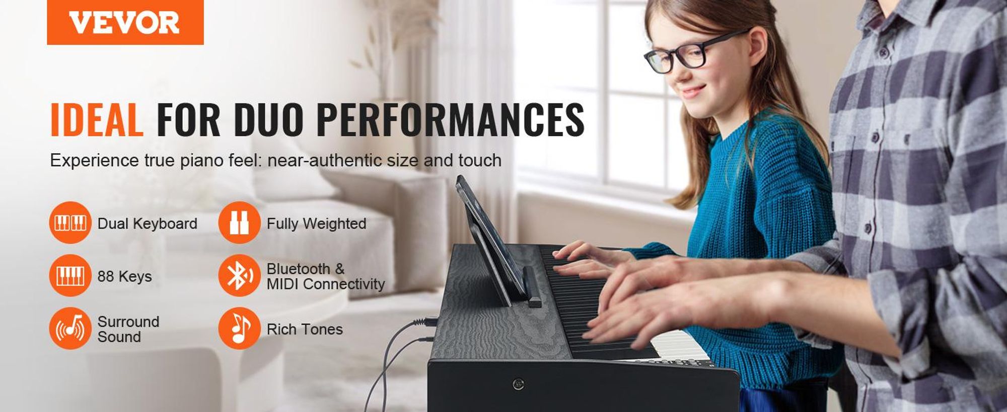 VEVOR Digitalpiano, 88 Tasten, Elektrisches Klaviere, Doppeltastatur und Lautsprecher, einfache Gehäusehalterung mit Kopfhörer, 200 Töne und Rhythmen, unterstützt Bluetooth/USB/MIDI, für Anfänger