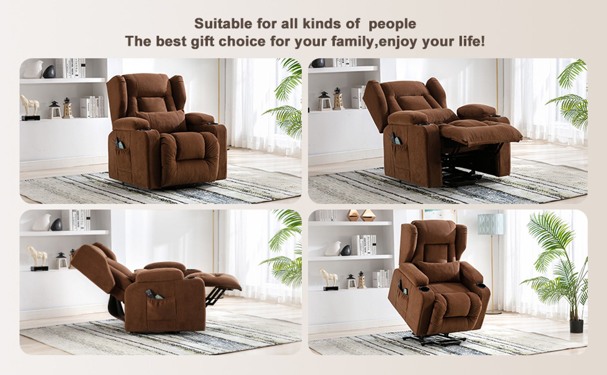 COMHOMA Relaxsessel Aufstehhilfe Massagesessel Fernsehsessel Liege mit Massage Ergonomischer Sessel Stoffoberfläche braun