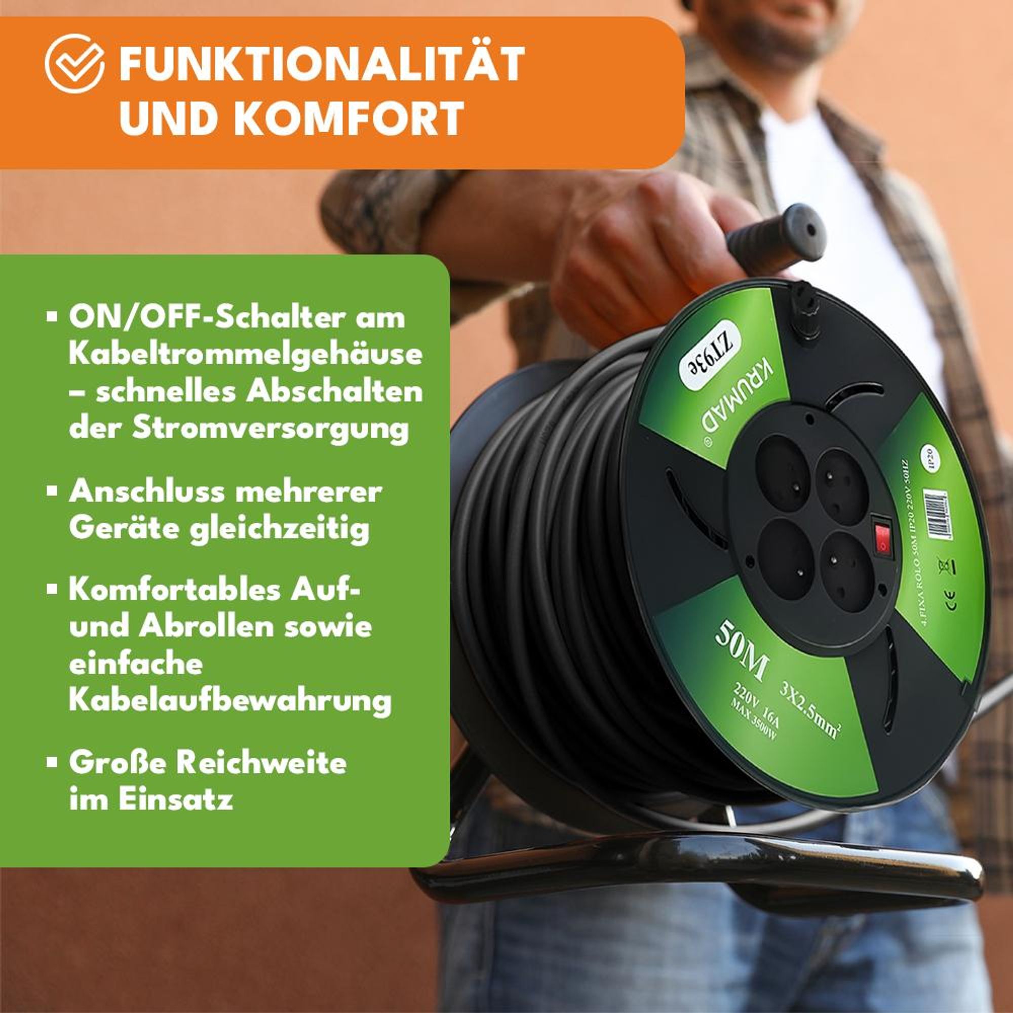 KRUMAD Kabeltrommel 50m mit 4 Schutzkontaktsteckdosen, 3500W max, robust & wetterfest für Außen, Werkstatt & Baustellen, 3x25mm², Schwarz