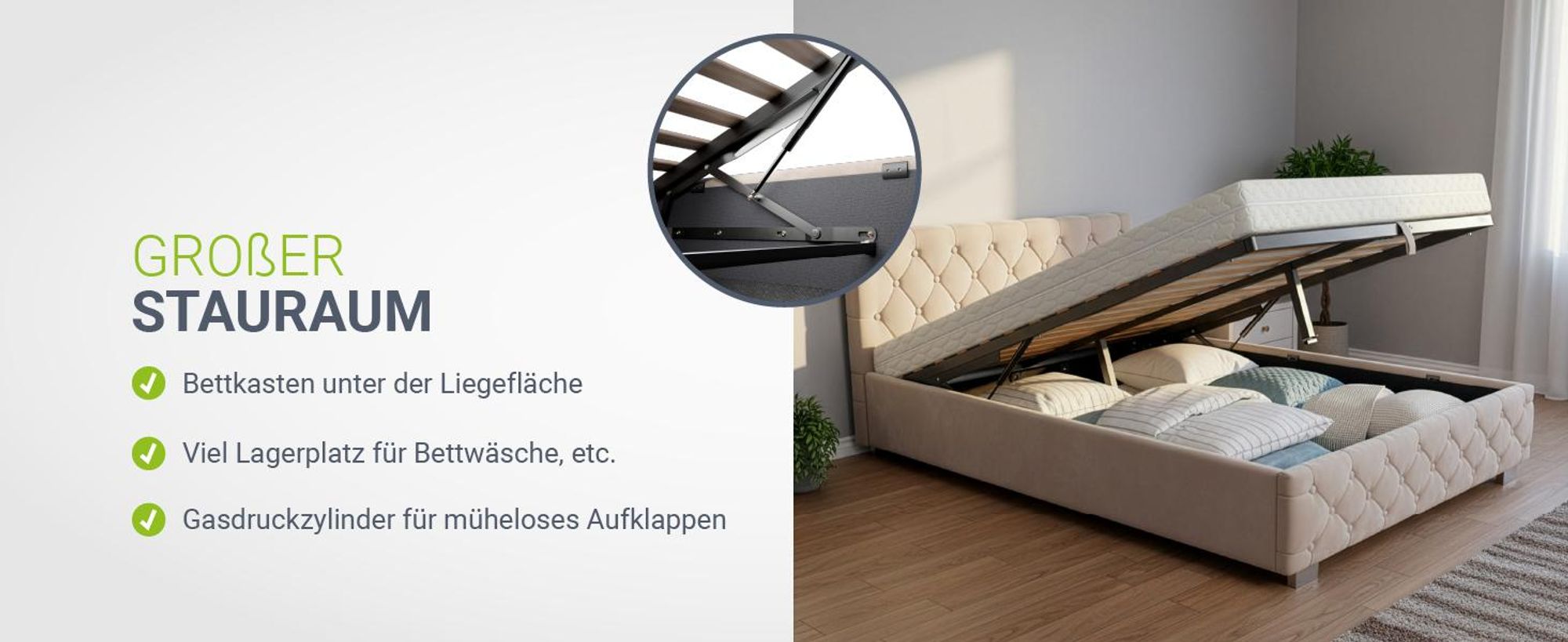 Juskys Polsterbett Nizza 140x200 cm Beige - Bettgestell mit Lattenrost, Stauraum & LED Beleuchtung - Bett mit Samtbezug & Chesterfield-Steppung