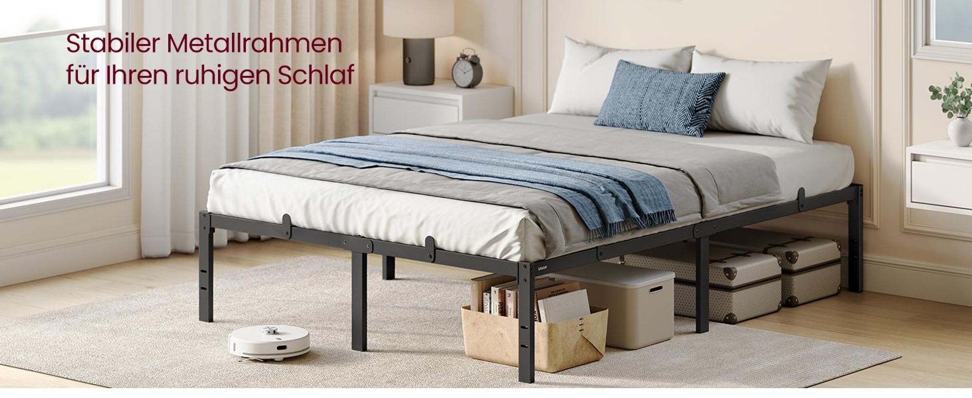 VASAGLE Doppelbettgestell, Bett, 140 x 200 cm, 40.6 cm H, Metallbett, Bettrahmen, Unterbettaufbewahrung, modern, Gästebett