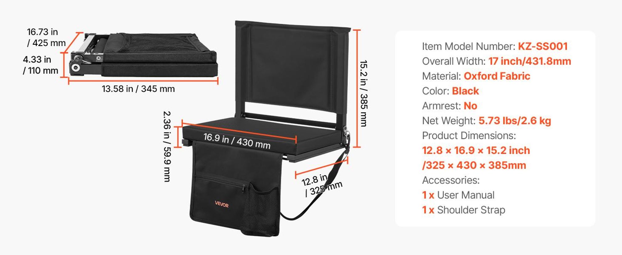 VEVOR Stadionstuhl, Klapp-Bleacher-Stuhl mit Rückenstütze und dickem Kissen, gepolsterter Stadionstuhl für die Tribüne, inklusive Schultergurt, Haken, Becherhalter, Elasthan-Material, Seitentasche, PP-Material, 2Stück-Schwarz-a, Ohne Armlehne-c