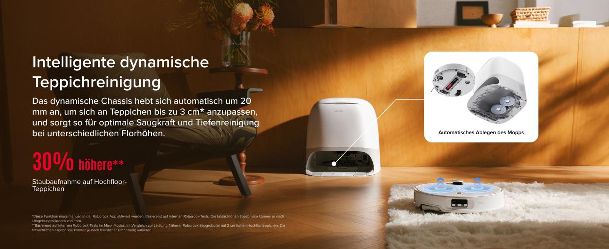 Roborock Qrevo Curv 2 Pro Staubsauger Roboter, 25.000 Pa Saugroboter mit Wischfunktion und Wischmopp-Hebefunktion, 100 °C Moppwäsche mit heißem Wasser