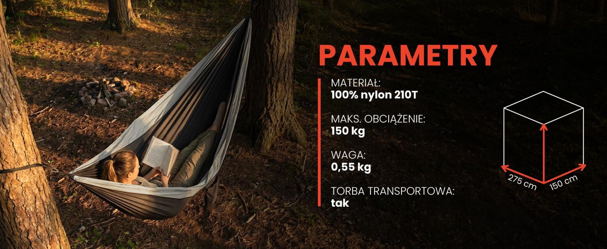 Hamak Turystyczny Jednoosobowy Duży 275x150cm Ogrodowy Podróżny na Biwak CALM275 Grey