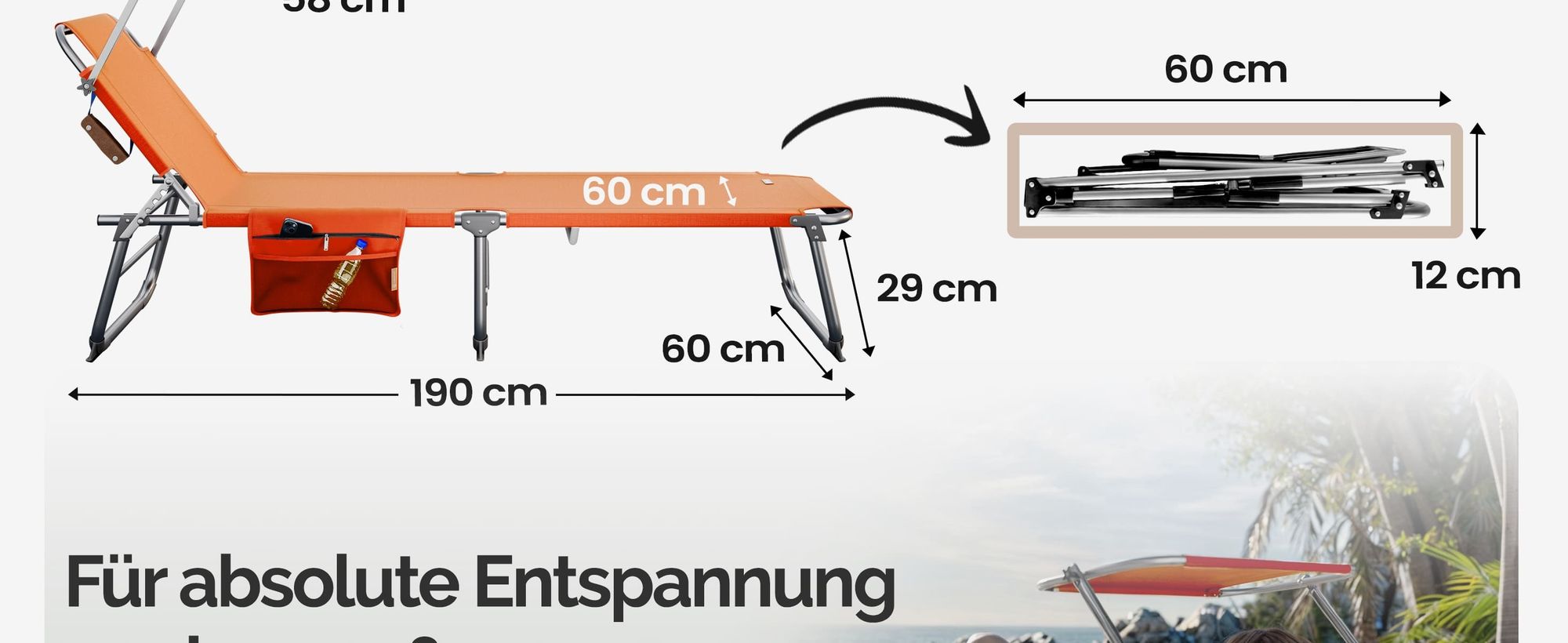 CASARIA® Sonnenliege Klappbar Wetterfest Gartenliege Mit Dach Seitentasche Tragegriff 150kg Belastbar 190cm Aluminium Liegestuhl Garten Faltbar Orange