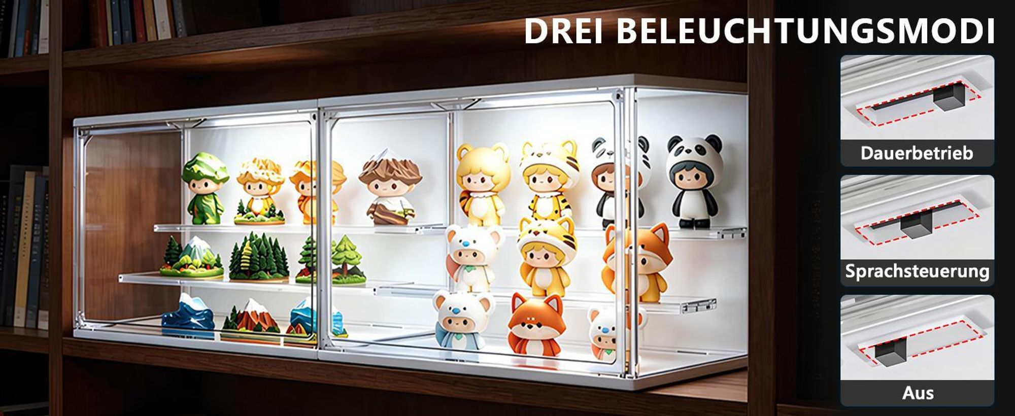 LED Acryl Vitrine 36×22×18cm, 3 Ebenen Transparente Schaukasten mit Magnettür Display Box zur Aufbewahrung & Präsentation für Sammelfiguren