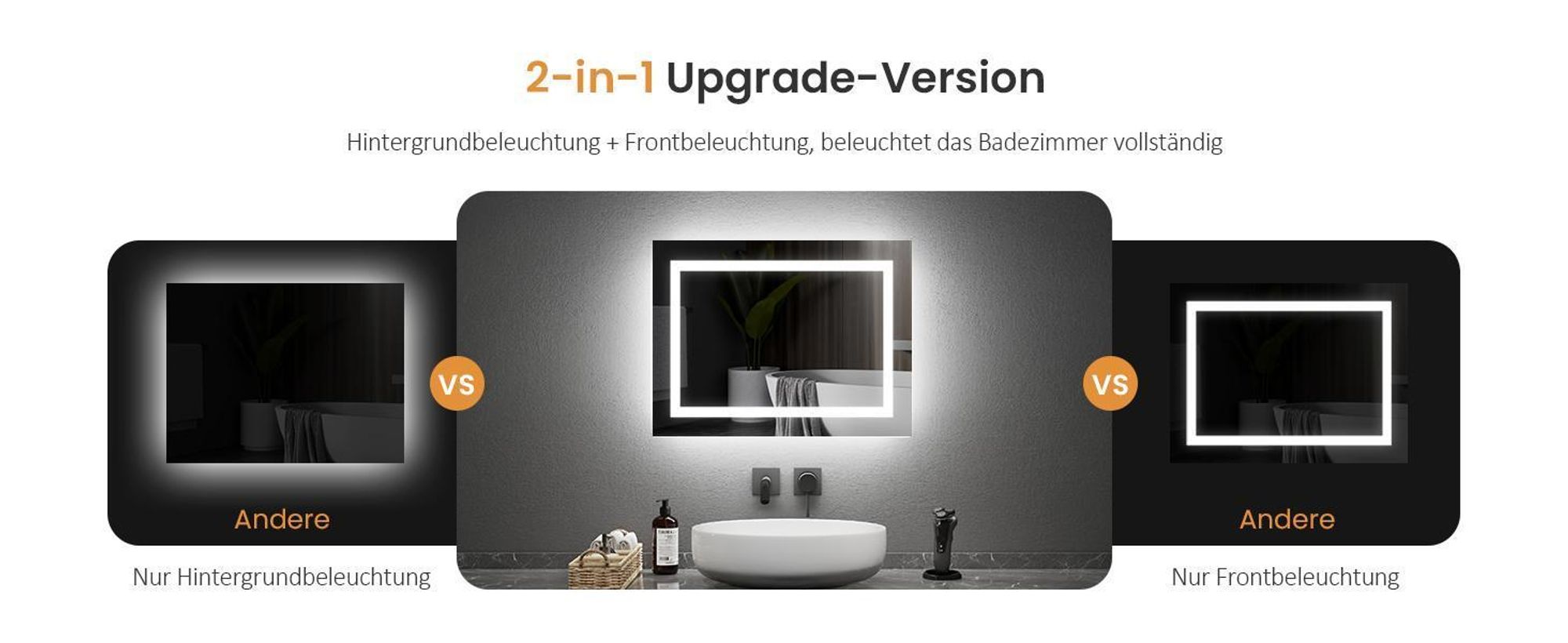EMKE Badspiegel mit Beleuchtung 60 x 50 cm LED Badezimmerspiegel Beschlagfrei mit Druckknopfschalter mit 2 Farben des Lichts, Kaltweißes und warmes Licht