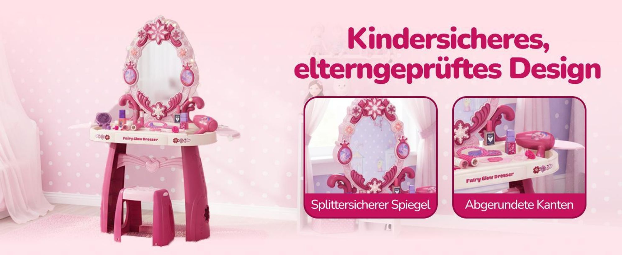 Kinderplay Schminktisch Kinder mit Licht und Sound – Frisiertisch mit Hocker, Spiegel und 32 Zubehörteilen – Kosmetiktisch Spielzeug für Mädchen ab 3