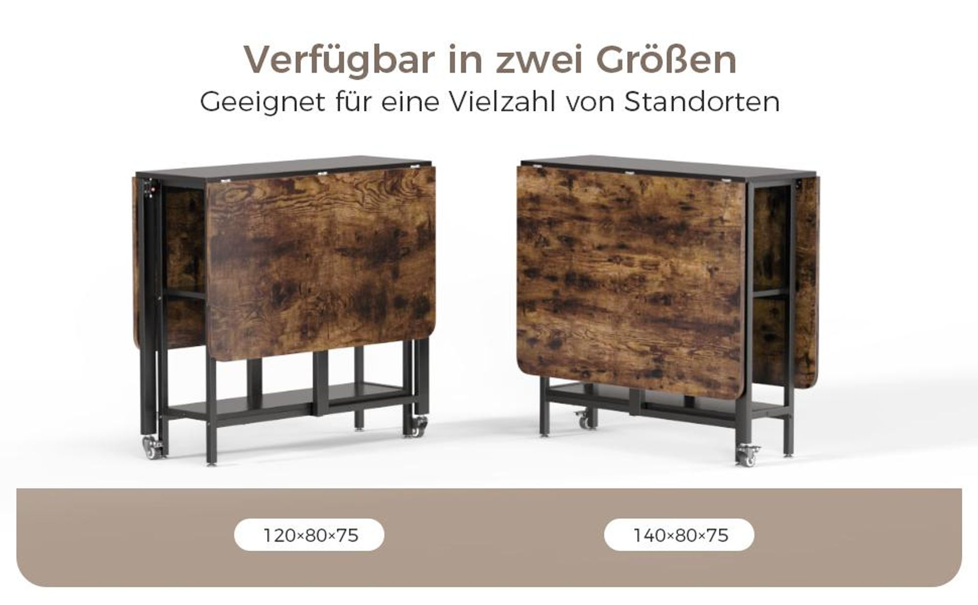 Mondeer Klappbarer Esstisch Küchentisch mit 2 Ablagen und Rollen 140 x 80 x 75 cm Vintage Braun