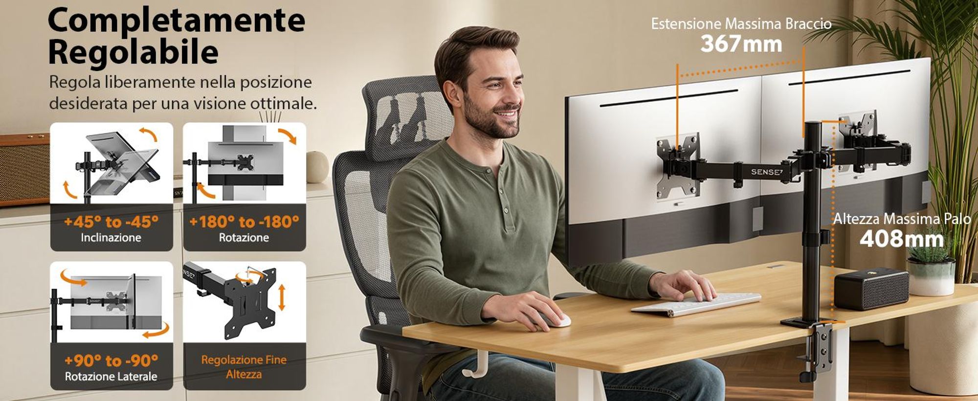 SENSE7 HANG LIGHT DOUBLE: Supporto per monitor duale, adatto a monitor da 17-32 pollici, standard VESA, capacità di carico 2x9kg, sistema di regolazione a gas, ideale per scrivania, per due monitor, colore nero, design ergonomico