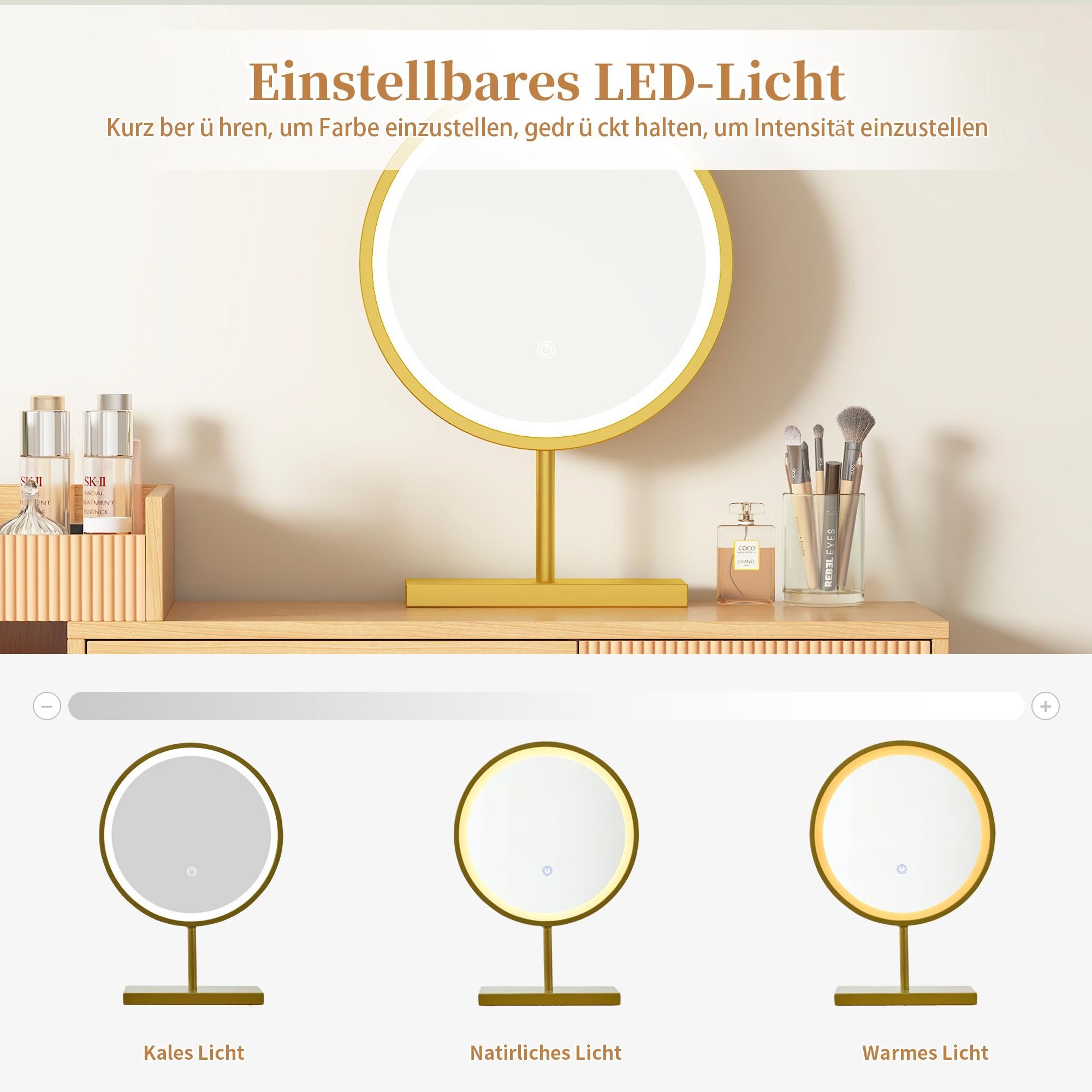 Merax Schminktisch mit LED-Beleuchtung, Einstellbare Helligkeit, Schminkkommode mit 3 Schubladen, Seitenschrank, Kosmetiktisch, Natur