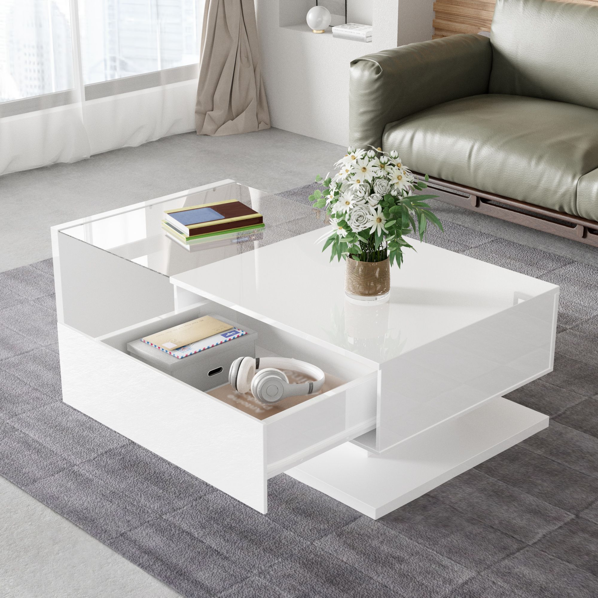 Merax Couchtisch mit Schublade und Glastischplatte, Beistelltisch hochglanz Couchtisch mit LED- Beleuchtung, Wohnzimmertisch Kaffeetisch 105x55x32,5cm