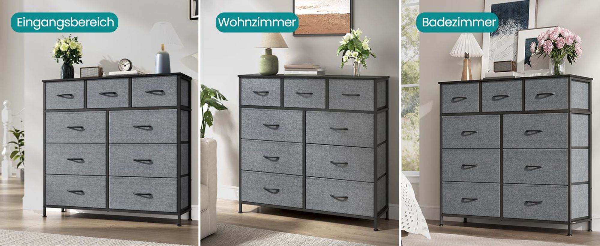 SONGMICS Kommode, Schrank, 9 Stoffschubladen, für Schlafzimmer, Flur, Wohnzimmer, grau