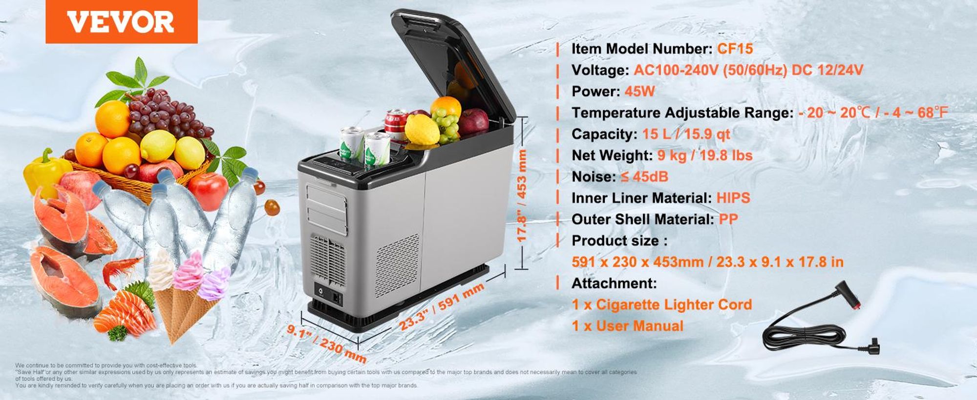 VEVOR Auto-Kühlschrank, 12 V Auto-Armlehnen-Kühlschrank, tragbarer Einzonen-Kühlschrank, 15 l, einstellbarer Bereich -20 °C bis 20 °C, Kompressorkühler,