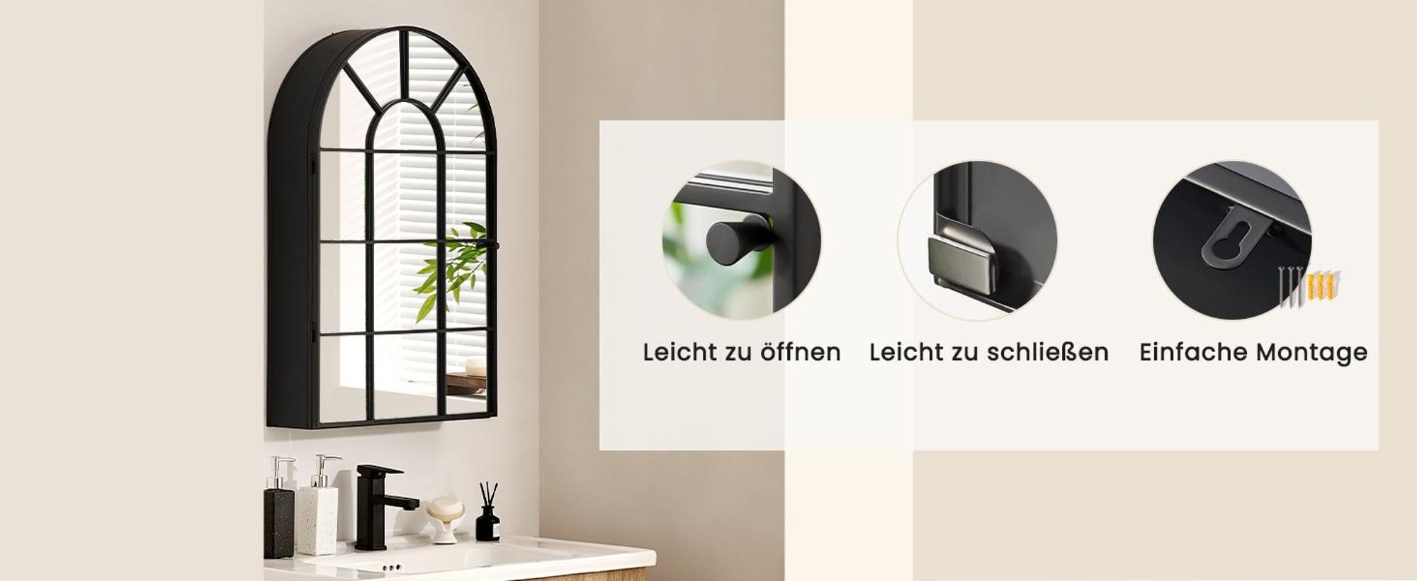 CLIPOP Spiegelschrank mit 1 Tür, 50 x 80 cm Moderne Wand Spiegelschrank mit 2 Einlegeböden in Bogenform und Schwarz Metallrahmen für Badezimmer