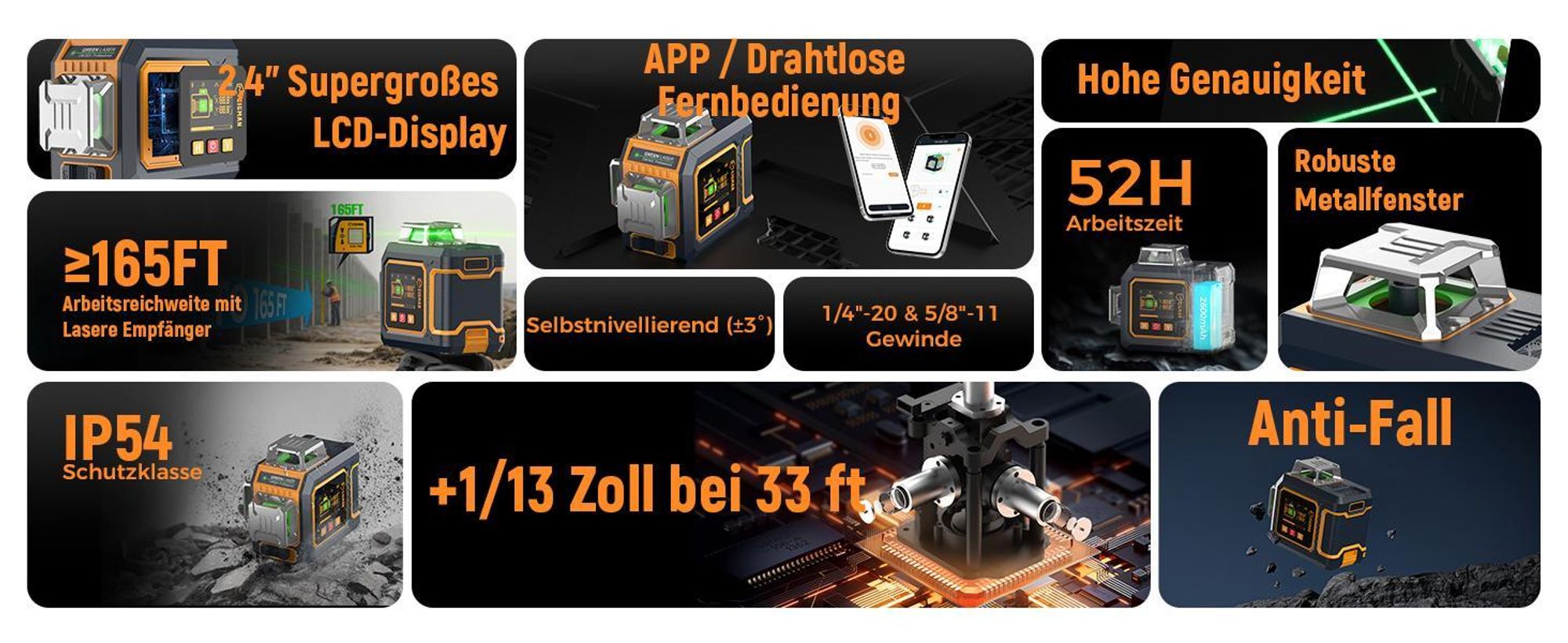 CIGMAN CM-S03 Kreuzlinienlaser 3x360° Grün mit App & LCD-Display