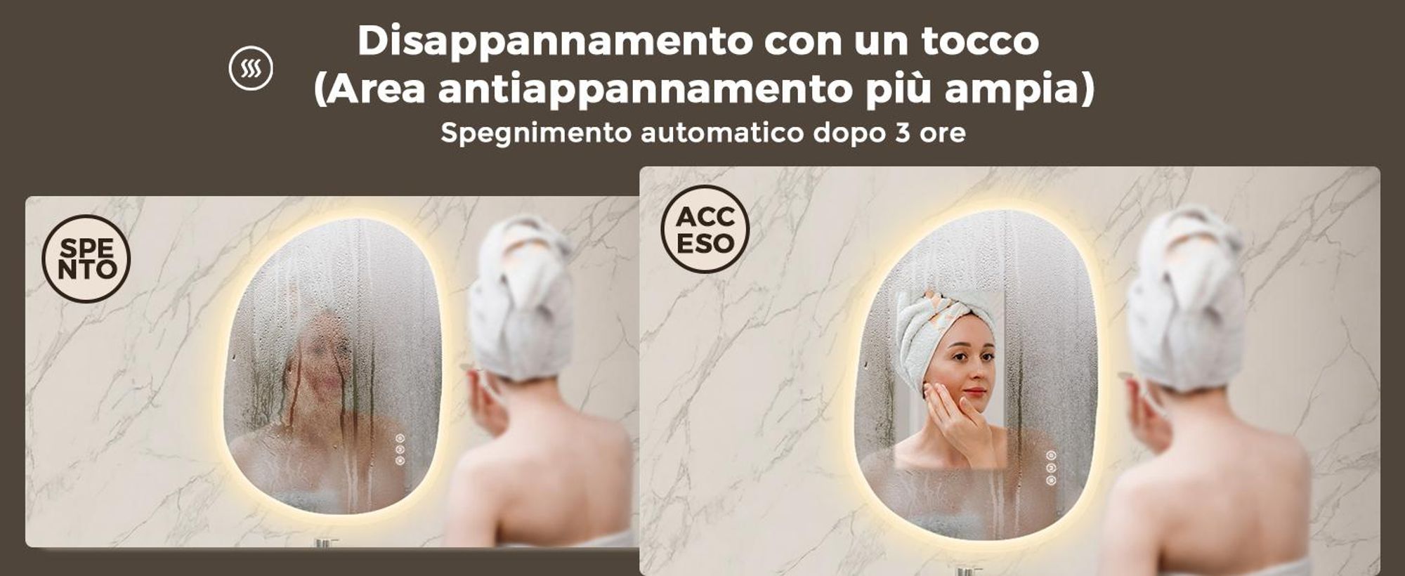 Specchio da bagno illuminato S'AFIELINA, 60x80 cm, specchio LED asimmetrico, senza cornice, 3 tonalità di luce, dimmerabile, antiappannamento, funzione di memoria