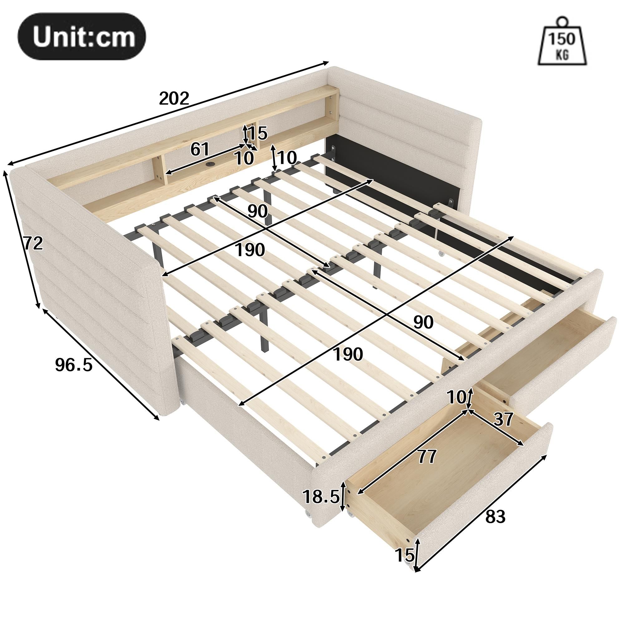 Flieks Schlafsofa Polsterbett 90x190cm mit Led und Ladefunktion, Tagesbett Daybed mit 2 Schubladen und offenen Staufächern, Samt, Beige