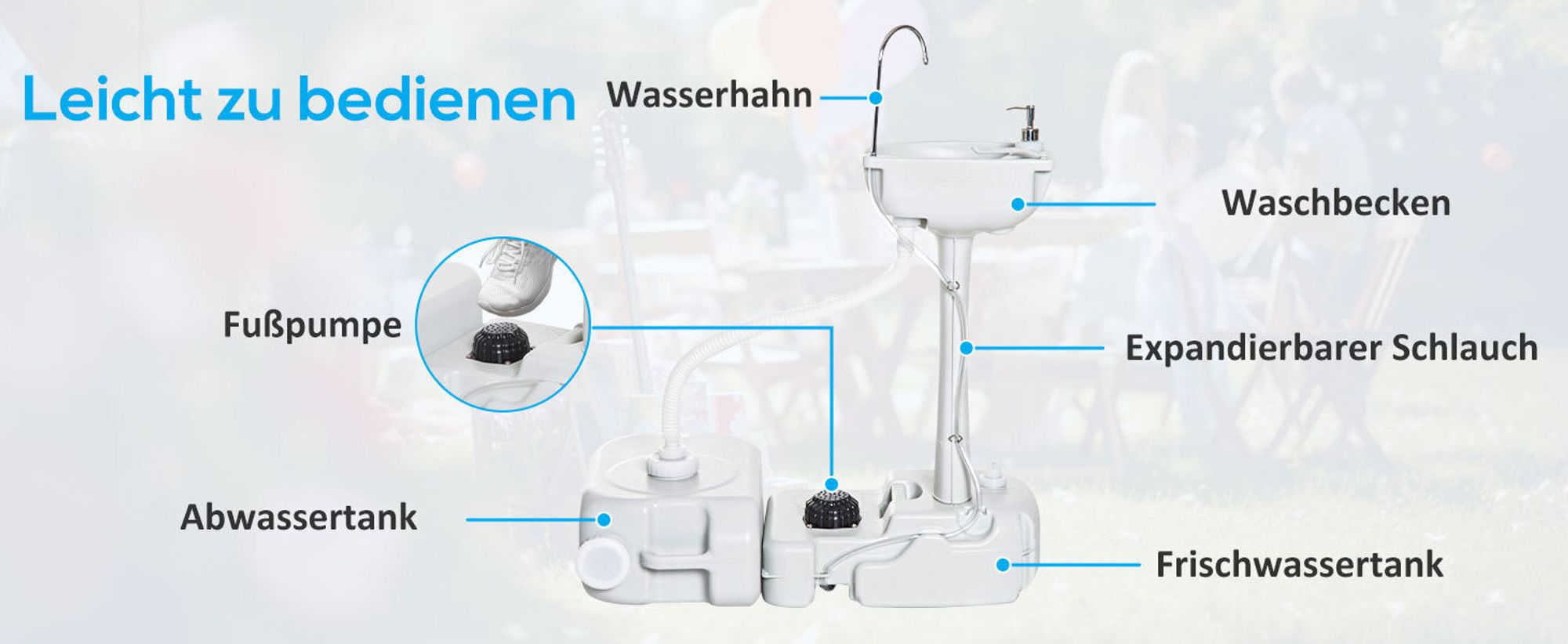 Outsunny Camping Waschbecken Handwaschbecken mit Auffangbehälter für Abwasser 17L Wassertank Spülbecken mit Spender für Flüssigseife Fußpumpe mobil HDPE Grau 83 x 50 x 103 cm