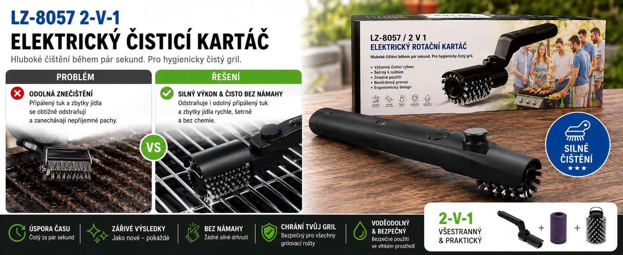 Elektrický rotační kartáč na gril s nastavitelným úhlem, 2600 mAh akumulátor – BBQBRUSH