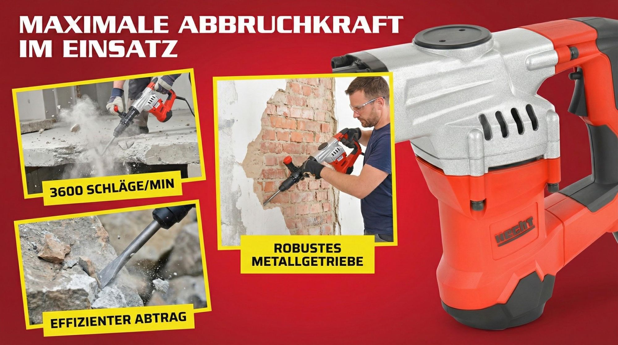 HECHT 1090 Stemmhammer SDS Max | 1300 W | 2 Kohlebürsten | 15 J | mit Koffer und viel Zubehör