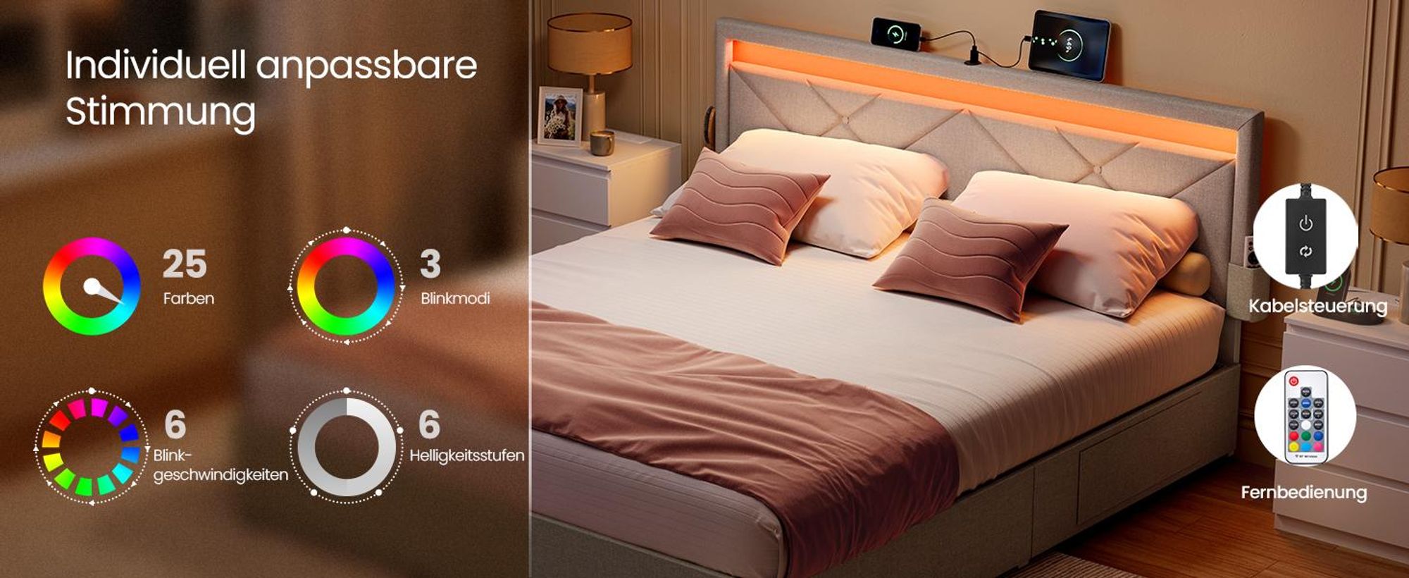 VASAGLE Polsterbett mit LED und 7-Zonen Taschenfederkernmatratze Set, 4 Schubladen, USB-Anschlüsse, 140x200 cm, Beige/Blau