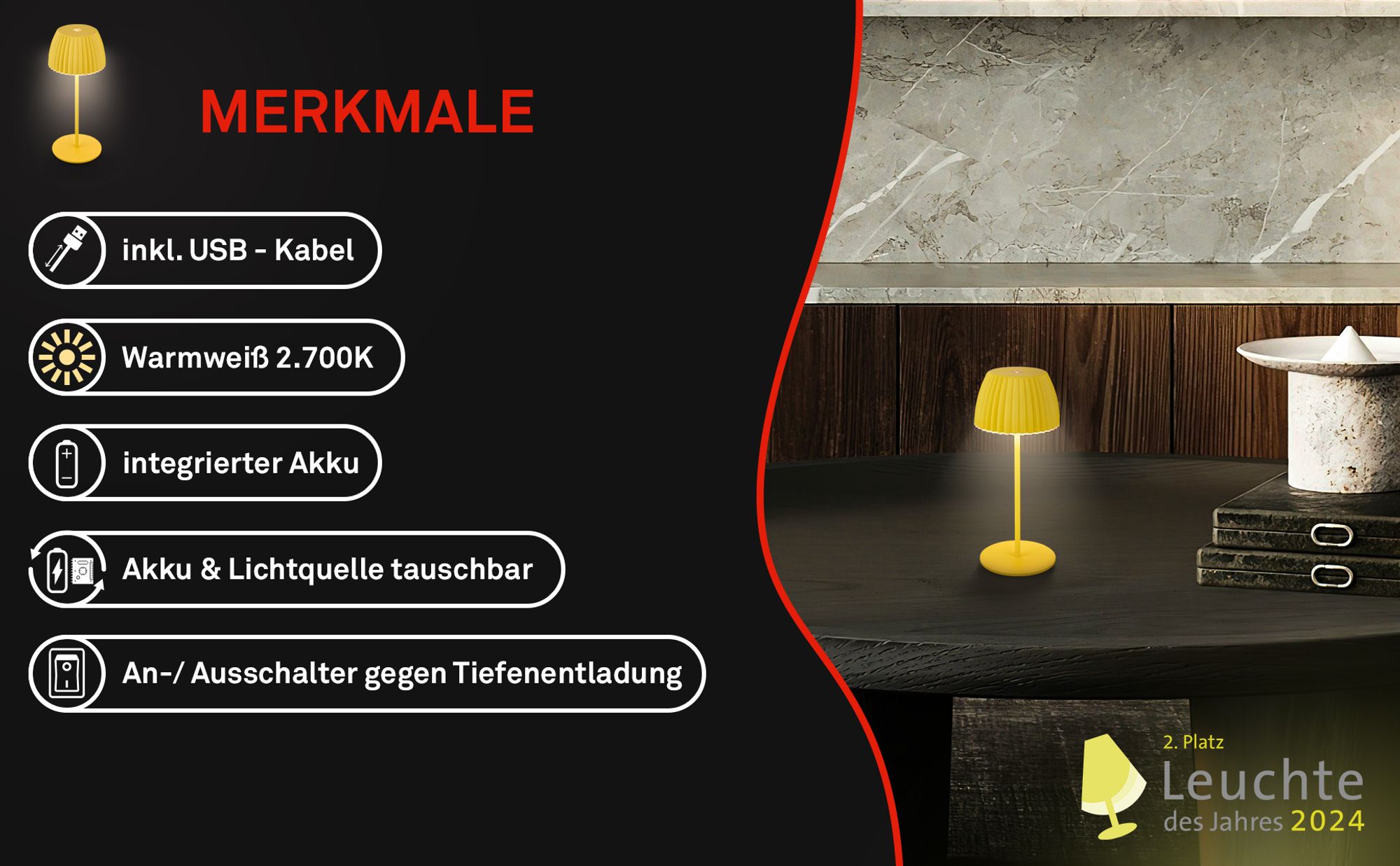 Mini LED Tischlampe Akku Tischleuchte Dimmbar Kabellos Touch IP44 Zitrone