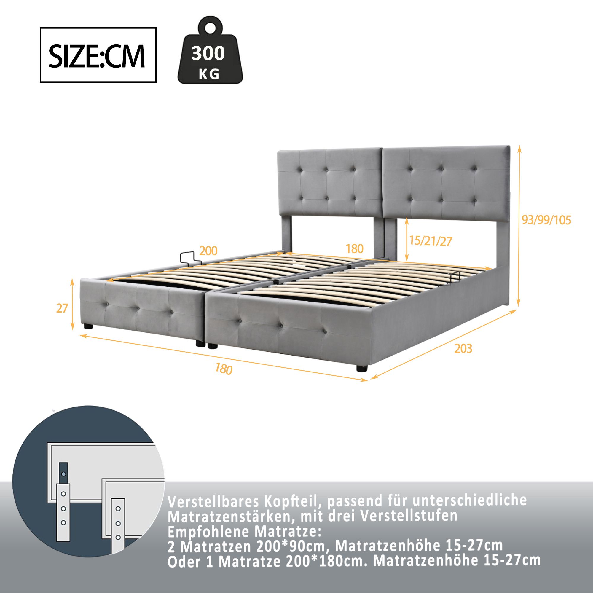 Flieks Hydraulisches Polsterbett 180x200cm mit Stauraum, Boxspringbetten Stauraumbett mit Lattenrost, Jugendbett Doppelbett Kinderbett, Samt, Grau