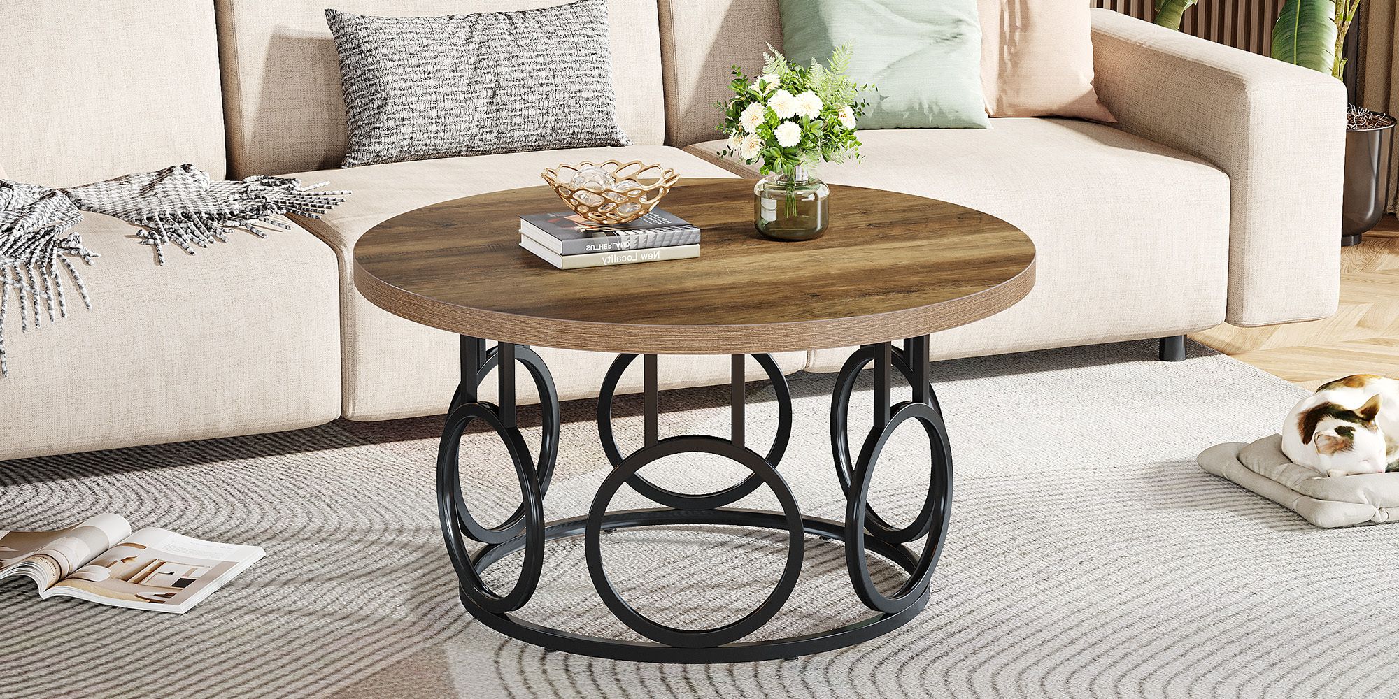 Tribesigns runder Couchtisch, 80 cm industrieller runder Wohnzimmertisch, moderner Akzenttisch aus Holz für Home Office, Apartment, Holzmaserung