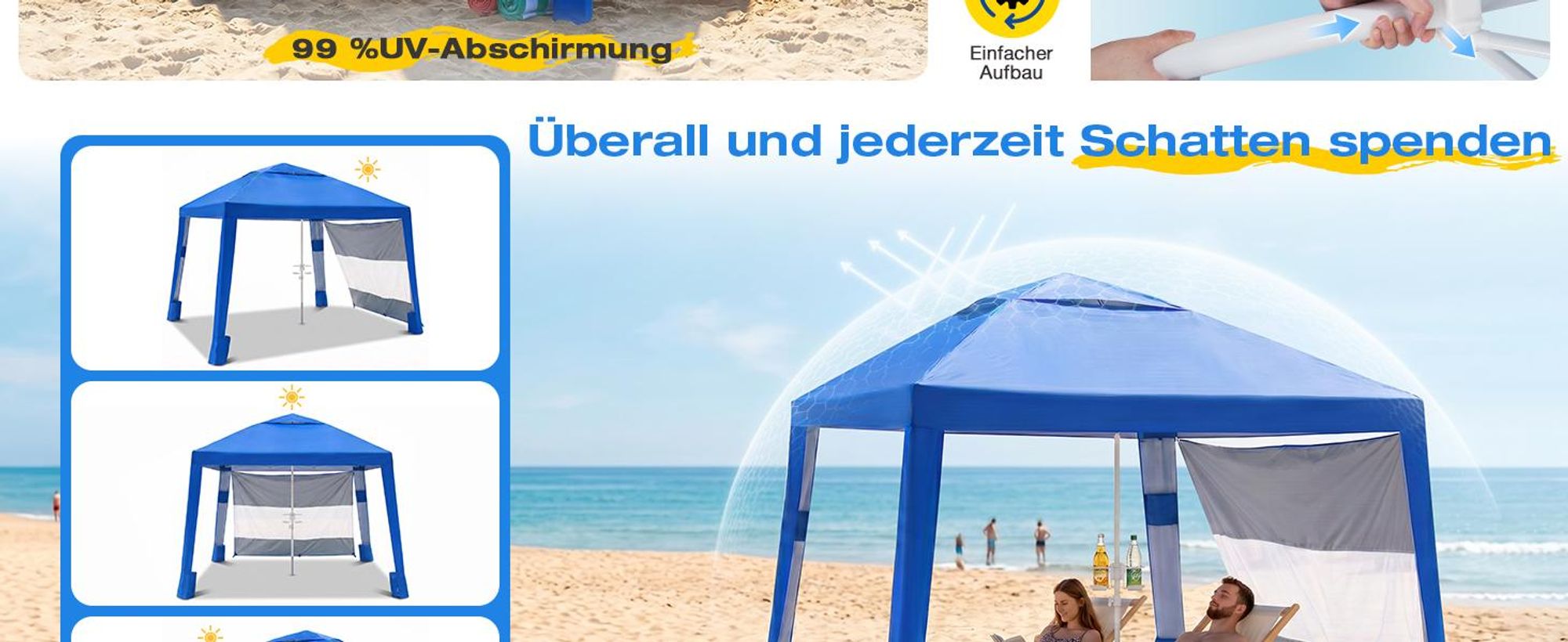 Sekey Strandmuschel Pop Up 240 x 240 cm für 4 Personen mit Seitenvorhang Höhenverstellbar UV Schutz 50+ Windfest Strandzelt