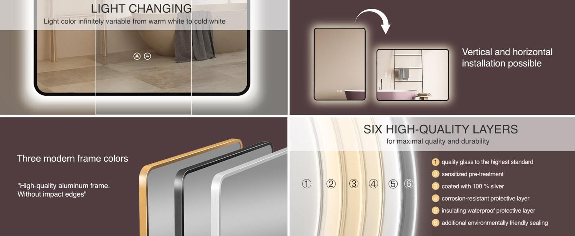 HOKO specchio da bagno antiappannamento LED 50x70cm con cornice HIGH+QUER montaggio interruttore a sfioramento+cambio di luce bianco caldo-bianco freddo-neutro interruttore a parete commutabile