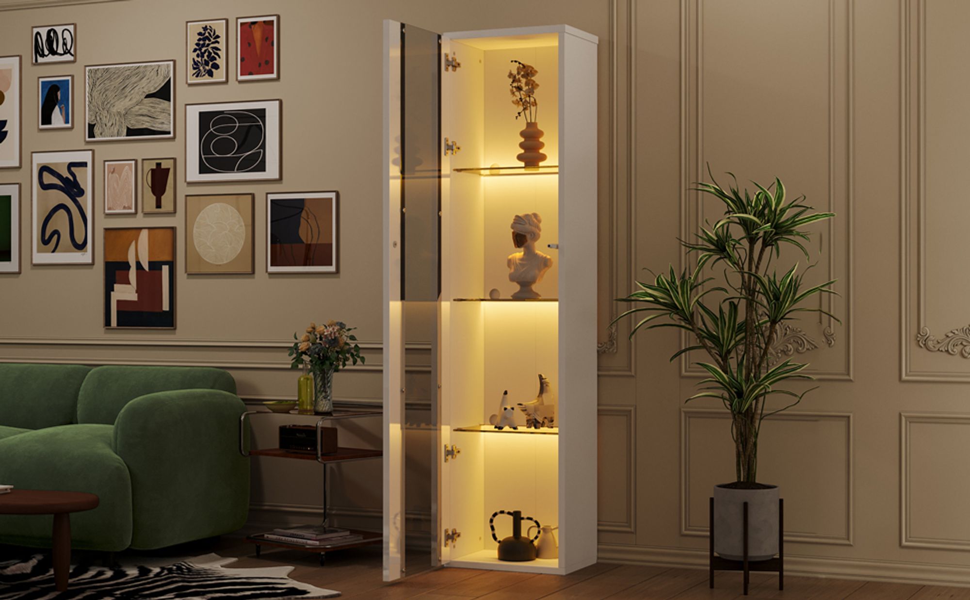 Flieks Glasvitrine mit LED-Beleuchtung 40x29x170 cm, Vitrine Sammlervitrine mit Acrylplatte, Standschrank Hochschrank mit 1 Tür, weiß