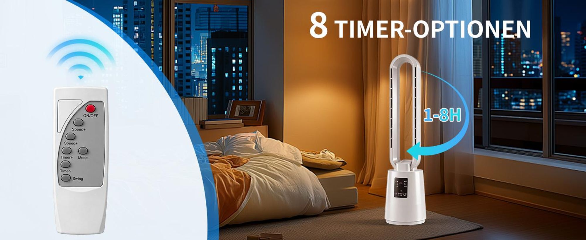 FCH Ventilator ohne Rotorblätter mit UV-Sterilisation,40W, 8-Stunden-Timer, elektronischem Touchscreen und Fernbedienung