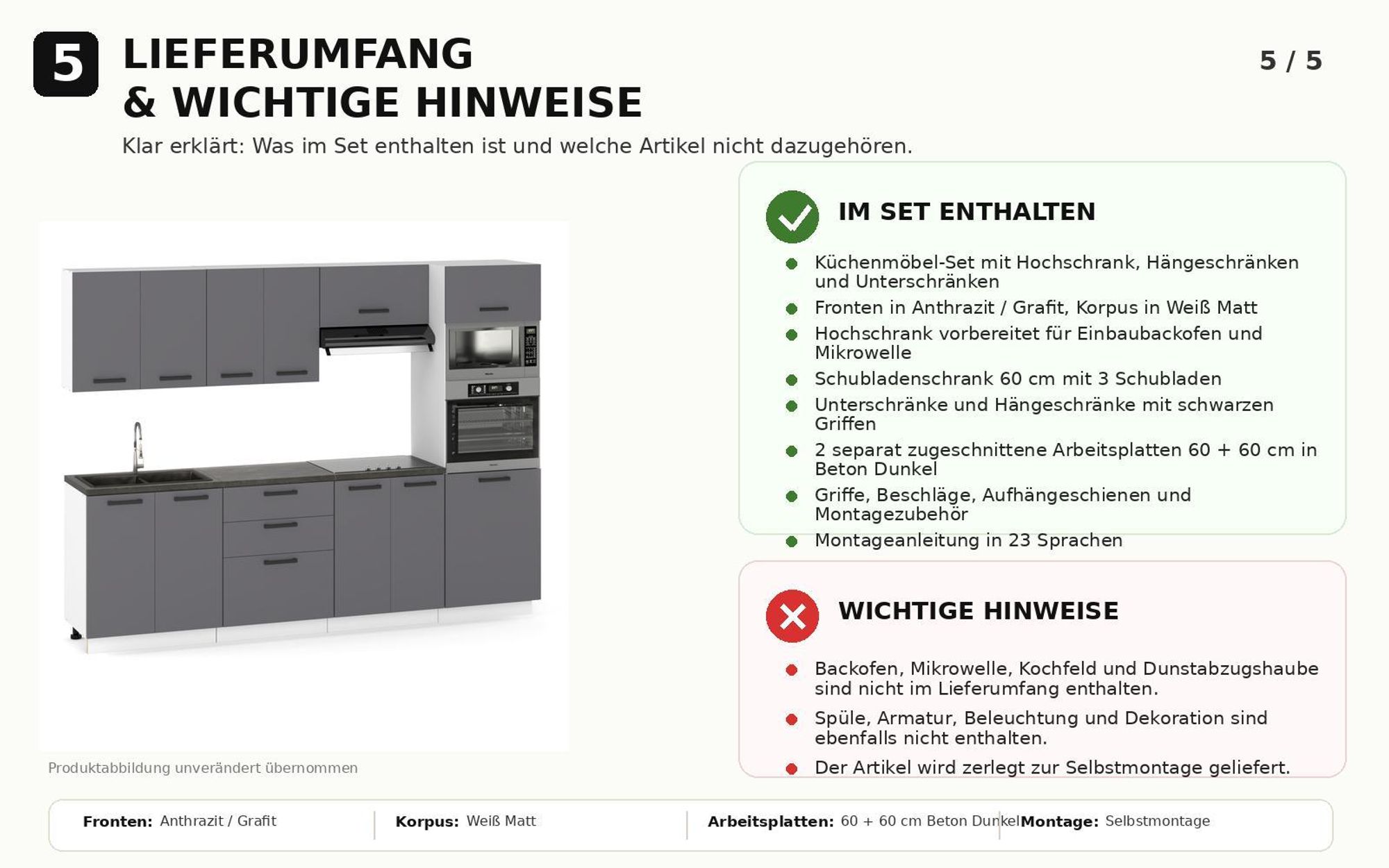 Lieferumfang der Küche mit Hochschrank, Schränken und Arbeitsplatten im Überblick.