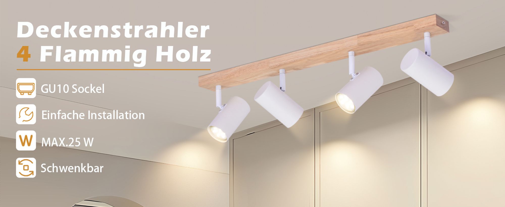 ZMH Deckenstrahler 4 Flammig Deckenspots Holz Deckenlampe Weiß GU10 Flurlampe Vintage Schwenkbar 350° Deckenleuchte Wohnzimmer für Flur Schlafzimmer Kindzimmer Küche