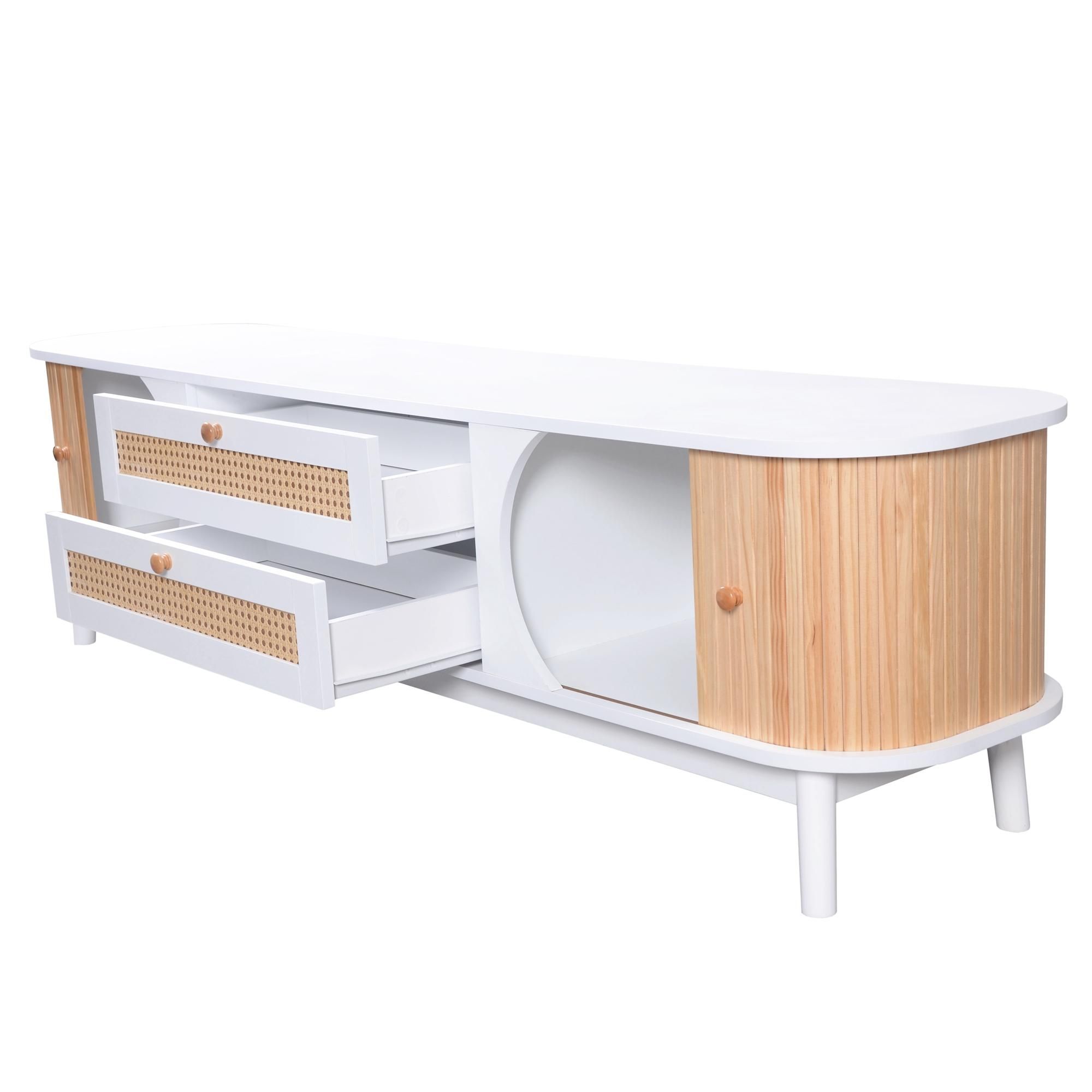 Merax TV-Schrank mit 2 Schubladen und 2 Bogenschiebetüren, Lowboard mit Rattan-Geflecht, Breite 170cm, Weiß