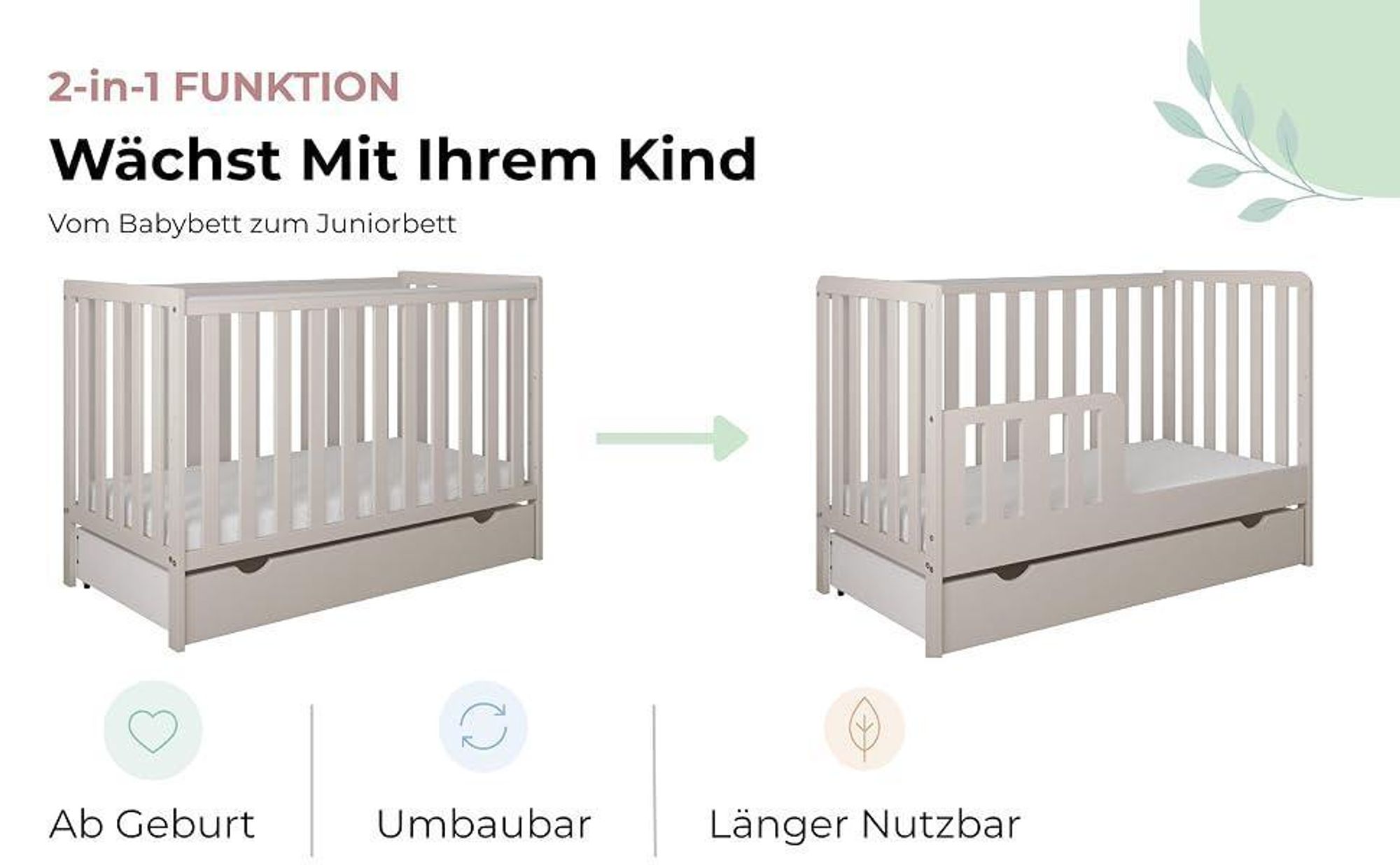 ZEE BAMBI Weiß Babybett 120x60 cm 2in1 mit Schublade & Schutzbarriere Klassisches Gitterbett 3-Fach Höhenverstellbar Kinderbett mit Beißschutz