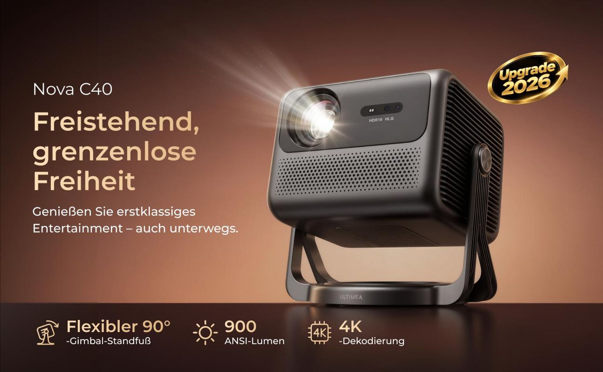 ULTIMEA Nova C40 Beamer mit 4K Dekodierung und Android TV 11.0 Beamer 1000:1, Dolby Audio, 900 ANSI, HDR10&HLG, mit 90° Gimbal Stand-freiem Design