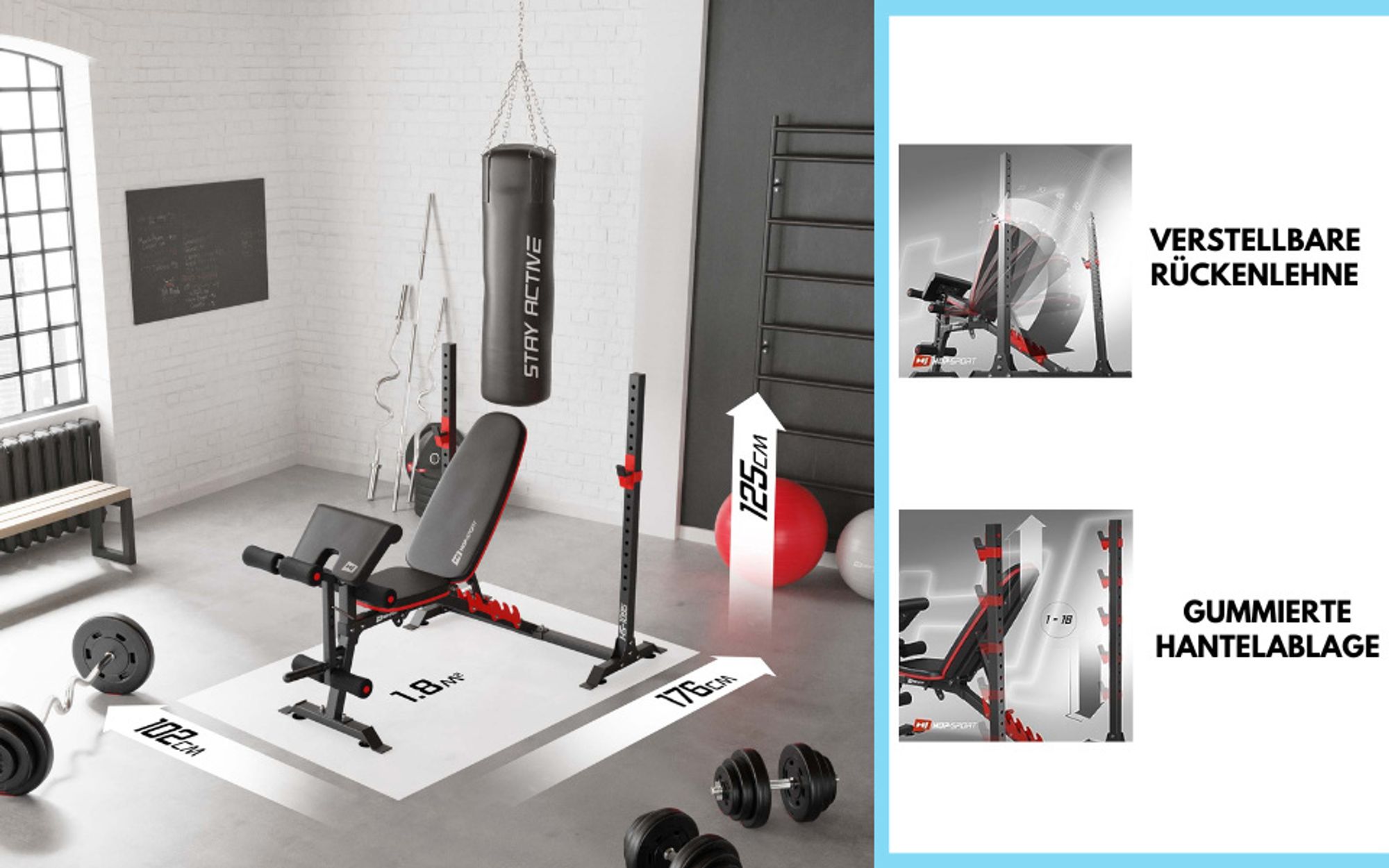 Hop-Sport HS-1095 verstellbare Hantelbank mit Langhantel-Ablage und Curlpult